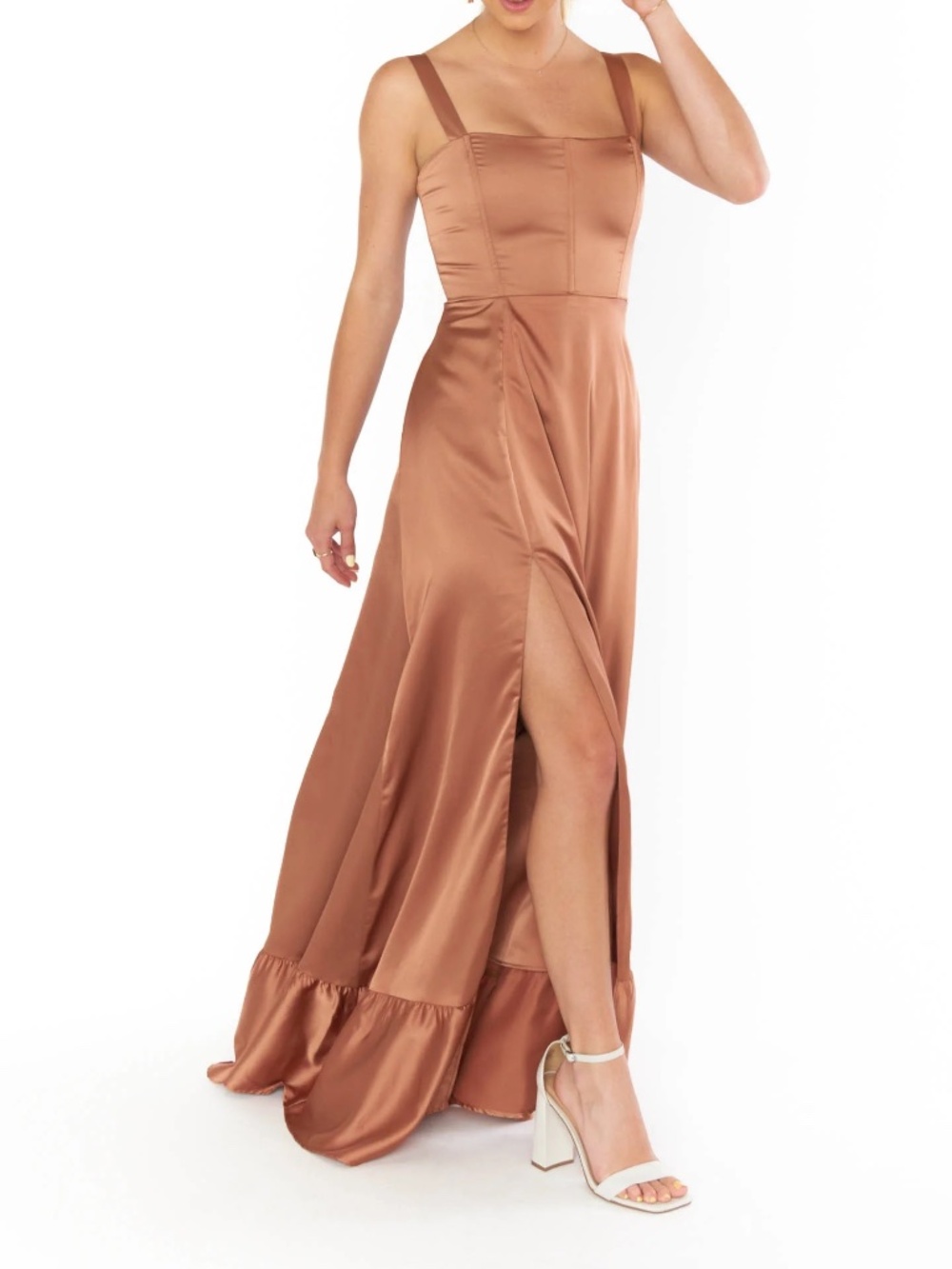 Show Me Your Mumu Clarissa Corset Dress in Copper Luxe Satin XXL